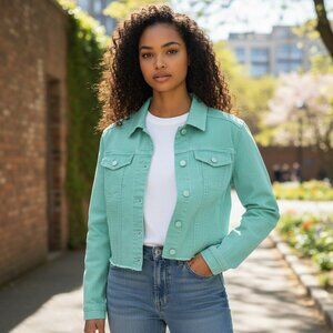 DG2 Diane Gilman Womens Size XS Green Blue Rough Hem Cropped Denim Jacket